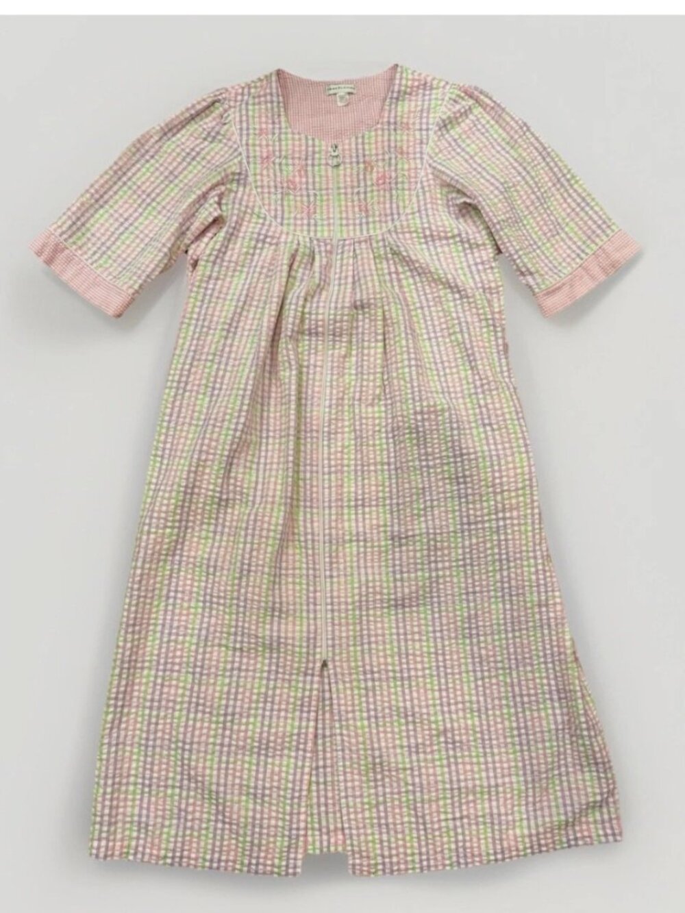 MISS ELAINE Womens Housecoat Zip w/Pockets Pink Rainbow SEERSUCKER Size Large
